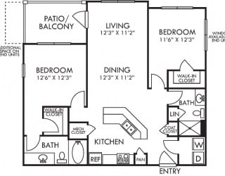Graham I. 2 bedroom apartment. Kitchen with bartop open to living/dinning rooms. 2 full bathrooms, shower stall in guest. Walk-in closets. Patio/balcony.