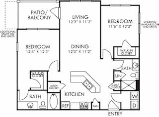 Graham I. 2 bedroom apartment. Kitchen with bartop open to living/dinning rooms. 2 full bathrooms, shower stall in guest. Walk-in closets. Patio/balcony.