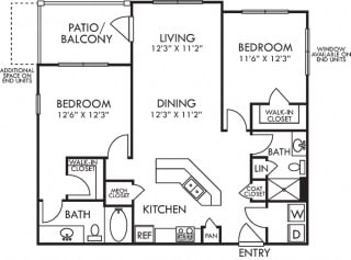 Graham I. 2 bedroom apartment. Kitchen with bartop open to living/dinning rooms. 2 full bathrooms, shower stall in guest. Walk-in closets. Patio/balcony.