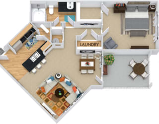 Dawson I 3D. 1 bedroom apartment. Kitchen with bartop open to living/dinning rooms. 1 full bathroom. Walk-in closet. Patio/balcony.