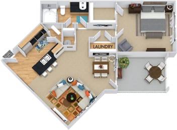 Dawson I 3D. 1 bedroom apartment. Kitchen with bartop open to living/dinning rooms. 1 full bathroom. Walk-in closet. Patio/balcony.