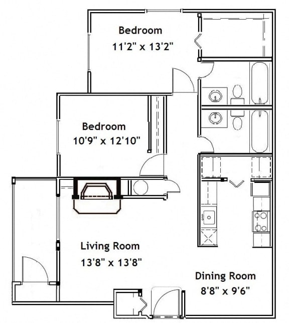 2 Bedroom 2 Bath Floorplan