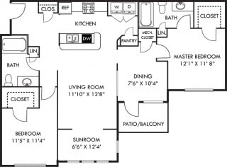 The Kenyon &#x2B; Sunroom 2 bedroom apartment. Kitchen with Island open to living room/sunroom. Separate dinning room. 2 full bathroom. Walk-in closets in both bedrooms. Patio/balcony with storage.