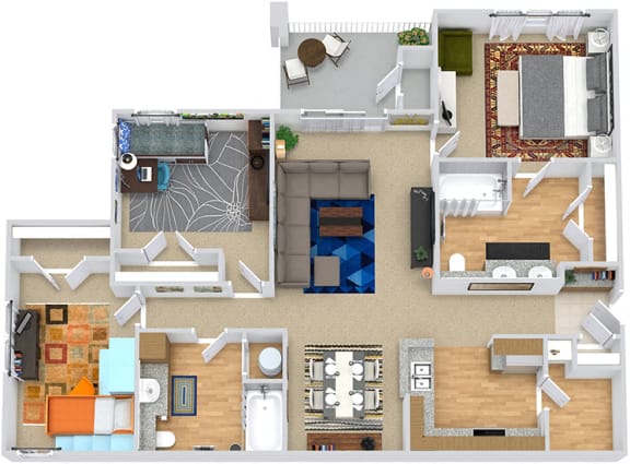 Sweetgrass 3D. 3 bedroom apartment. Kitchen with bartop open to living/dinning rooms. 2 full bathroom, double vanity in master. Walk-in closets. Patio/balcony.