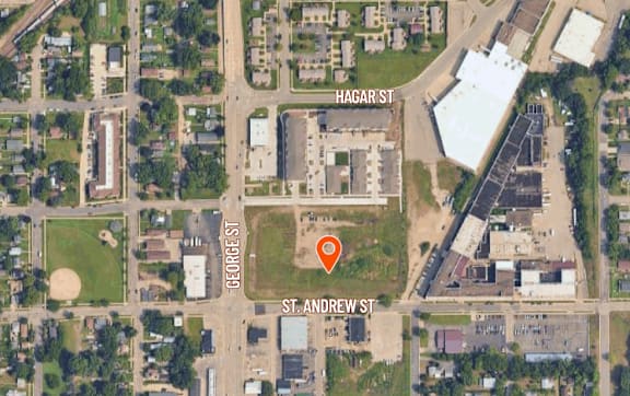 A map shows a street corner at the intersection of Hagart St and St. Andrew St.