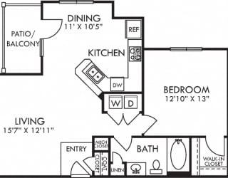 Ashford. 1 bedroom apartment. Kitchen with bartop open to living/dinning rooms. 1 full bathroom. Walk-in closet. Patio/balcony.