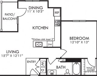 Avery. 1 bedroom apartment. Kitchen with bartop open to living/dinning rooms. 1 full bathroom. Walk-in closet. Patio/balcony.