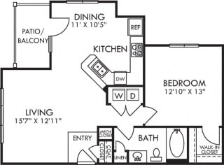 Ashford. 1 bedroom apartment. Kitchen with bartop open to living/dinning rooms. 1 full bathroom. Walk-in closet. Patio/balcony.