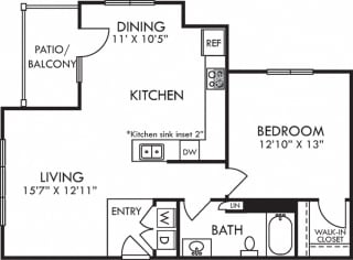 Avery. 1 bedroom apartment. Kitchen with bartop open to living/dinning rooms. 1 full bathroom. Walk-in closet. Patio/balcony.