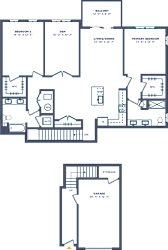 A floor plan of a house with two bedrooms, a living room, a kitchen, and a bathroom.