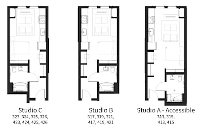Floor Plan  Three floor plans for three different studios are shown.