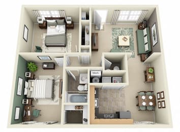 The Cottonwood 3D. 2 bedroom apartment. Kitchen open to living/dinning room. 1 full bathroom + powder room. large closets. Patio/balcony.