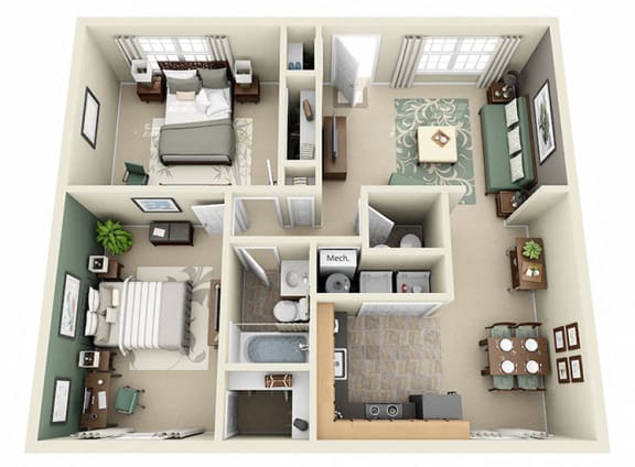 The Cottonwood 3D. 2 bedroom apartment. Kitchen open to living/dinning room. 1 full bathroom + powder room. large closets. Patio/balcony.