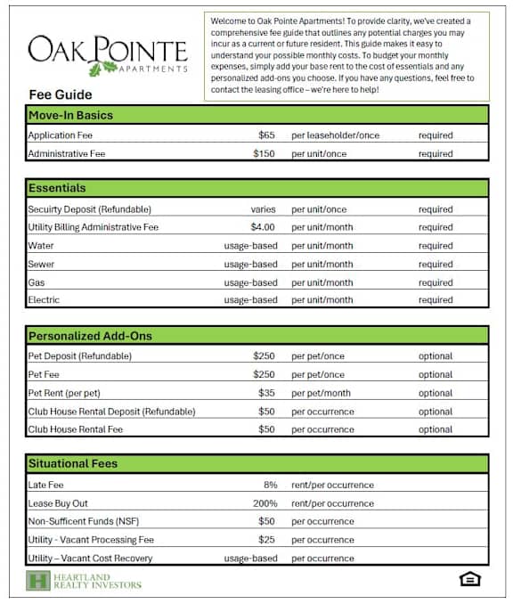 A fee guide for Oak Pointe Apartments detailing various charges.
