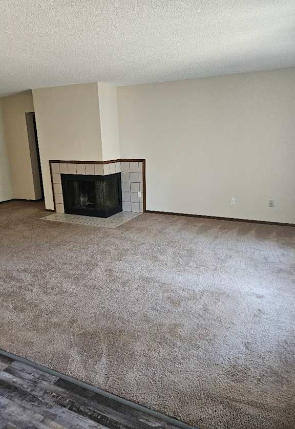 A living room with a fireplace and carpeted floor.