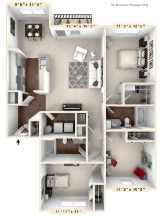 The Waverly - 3 BR 2 BA Floor Plan at River Crossing Apartments, St. Charles, MO