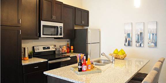 a kitchen with a counter top and a sink at Piazza on West Pine, Saint Louis, MO, 63108