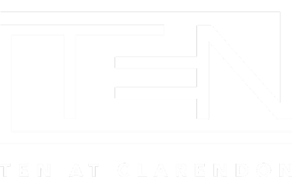 A black and white image with the word TEN and the words TEN AT CLARENDON.