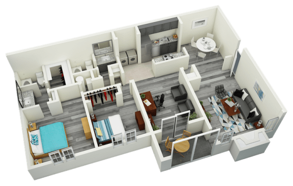 3D-2BR_1520 B7 Two Bedroom Two Bath Apartment 1520 sq ft with model furnishings