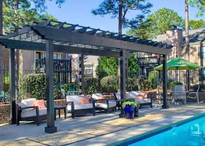 a backyard with a swimming pool and a pergola