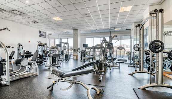 A gym with a variety of equipment including treadmills, weights, and exercise machines.