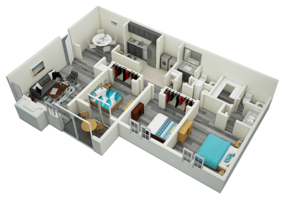 3D-3BR_1520 C1 Three Bedroom Two Bath Apartment 1520 sq ft with model furnishings