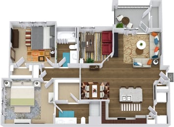 3D Durango. 2 bedroom apartment + study room. Kitchen with island open to living/dinning rooms. 2 full bathrooms, double vanity in master. Walk-in closet. Patio/balcony.