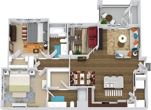3D Durango. 2 bedroom apartment + study room. Kitchen with island open to living/dinning rooms. 2 full bathrooms, double vanity in master. Walk-in closet. Patio/balcony.
