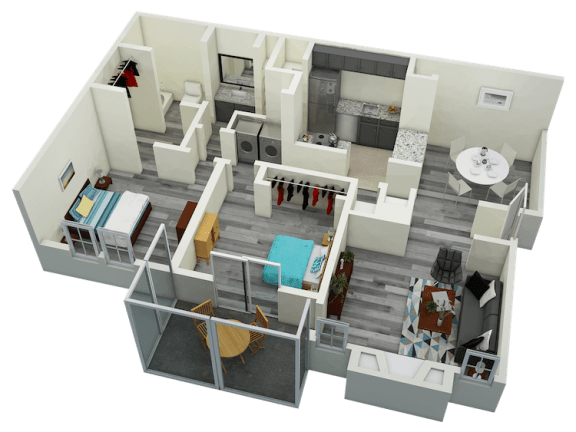 3D-2BR_1070 B1 Two Bedroom One Bath Apartment 1070 sq ft with model furnishings