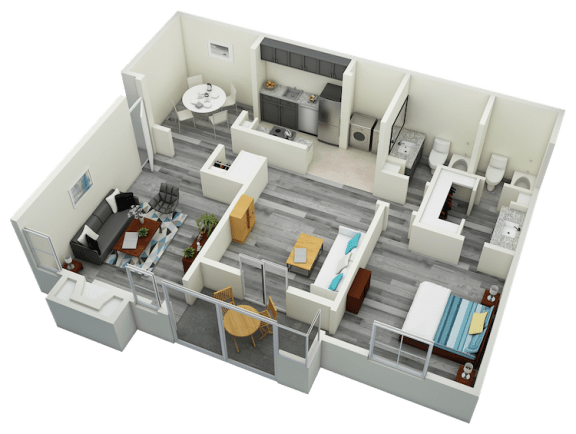 3D-1BR_1310 A4 One Bedroom One Bath Apartment 1310 sq ft with model furnishings