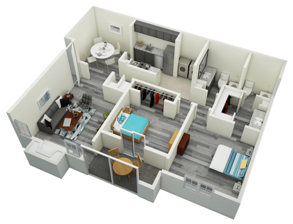 3D-2BR_1310 B4 Two Bedroom Two Bath Apartment 1310 sq ft with model furnishings