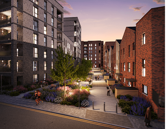 A street view of a residential area with people walking and apartment buildings.