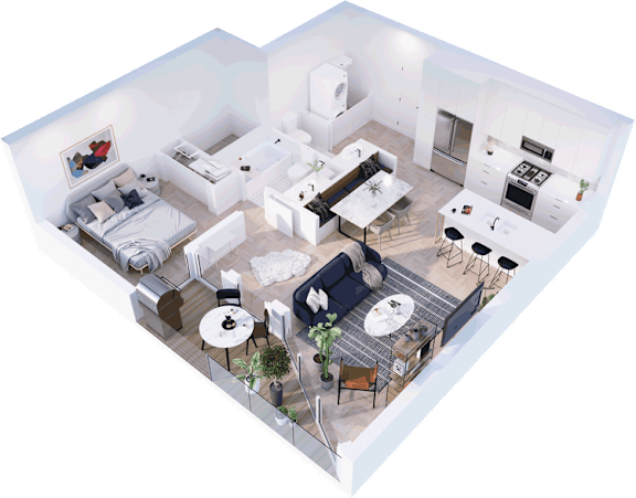A 3D rendered image of a modern, open-plan living and dining area.