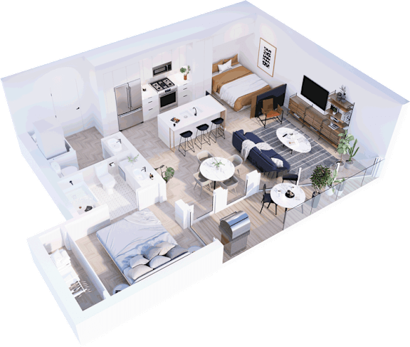A modern kitchen with a bar area and a living room area.