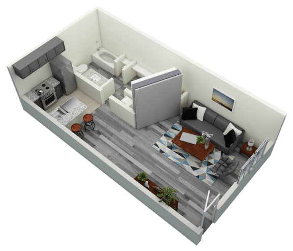 Studio Bedroom One Bath Apartment 510 sq ft with model furnishings