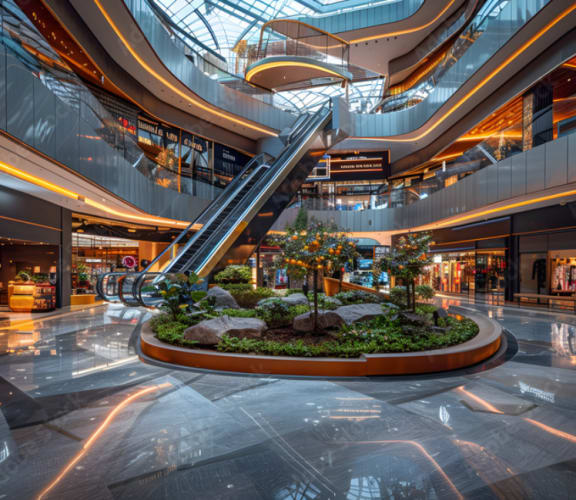 A view of an atrium in a large shopping mall with an escalator.