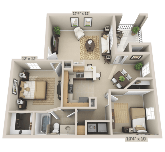 two bed one bath apartment floor plan