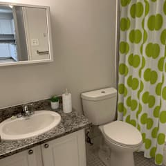 a green and white bathroom with a toilet and sink