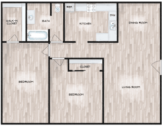 2 Bedroom  1 Bath Floor Plan at Boston Woods Apartments, Texas, 78201