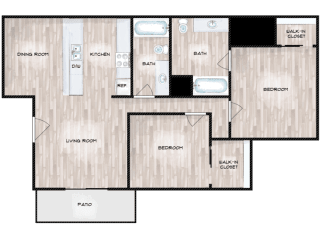 2 Bedroom 2 Bathroom Floor Plan at Boston Woods Apartments, San Antonio TX