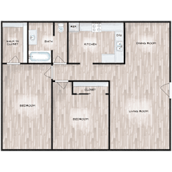 2 Bedroom  1 Bath Floor Plan at Boston Woods Apartments, Texas, 78201