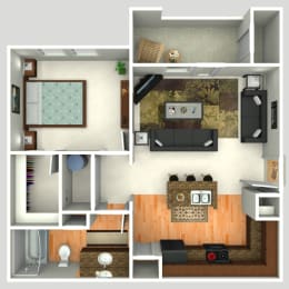 3D Floorplan of 1 Bedroom at Twin Creeks at Alamo Ranch Apartments, Texas