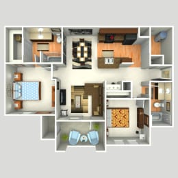 3D Floorplan of 2 Bedroom at Twin Creeks at Alamo Ranch Apartments, Texas