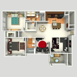 3D Floorplan of 2 Bedroom at Twin Creeks at Alamo Ranch Apartments, Texas