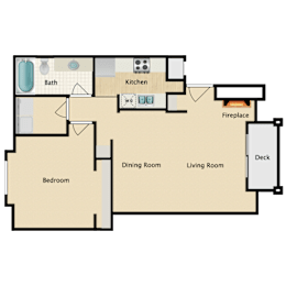 Our 1 Bedroom 1 Bathroom apartment floor plan with a large kitchen and a living room at Brookhaven Apartments