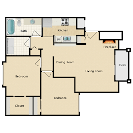 Our 2 Bedroom 1 Bathroom apartment floor plan with a large kitchen and a living room at Brookhaven Apartments