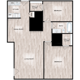 2 Bed  1 Bath Floor Plan at Boston Woods Apartments, Texas