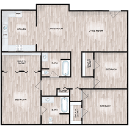 3 Bed 2 Bath Floor Plan at Boston Woods Apartments, San Antonio TX