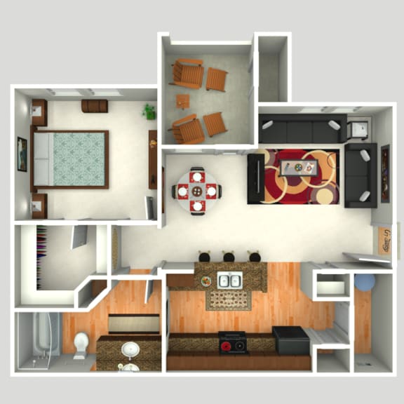 3D Floorplan of 1 Bedroom at Twin Creeks at Alamo Ranch Apartments, Texas