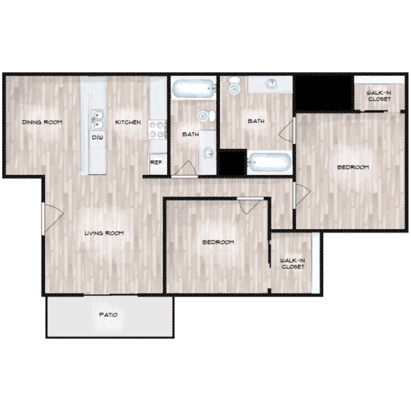 2 Bedroom 2 Bathroom Floor Plan at Boston Woods Apartments, San Antonio TX